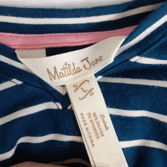 Matilda Jane Set Sail Maxi Dress Teal White Nautical Stripe Womens L Jersey Knit - Picture 8 of 9